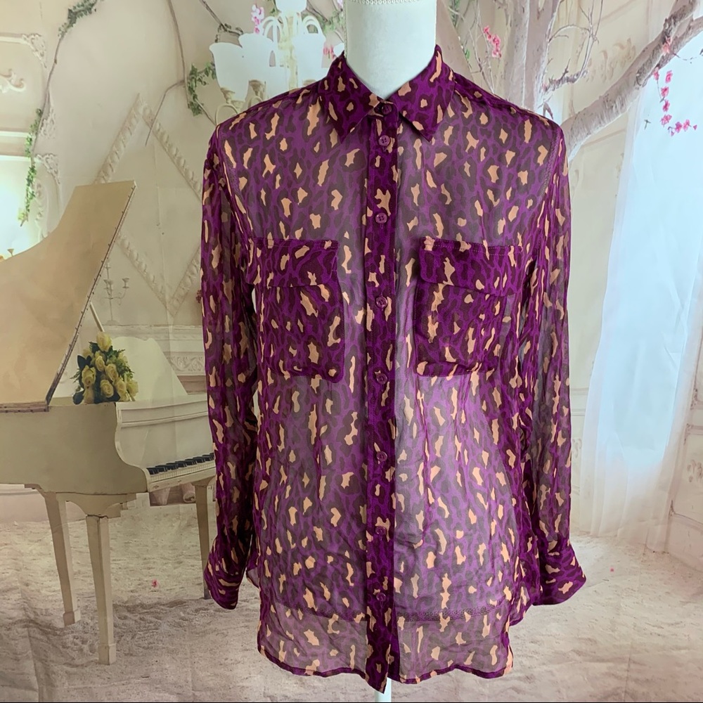 Equipment Sheer Pink Leopard Animal Button down - Picture 9 of 14